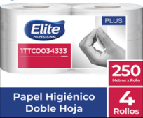 Papel higiénico elite jumbo x 250 mts blanco doble hoja pte x 4 unidades.