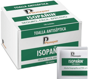 Isopañin toallita de tela no tejida impregnada de talcohol isopropílico al 70%, Caja X 100 Unid se sachet.